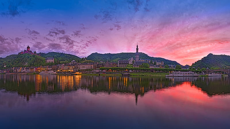 Cochem Germany River During Sunset With Reflection Travel, HD wallpaper