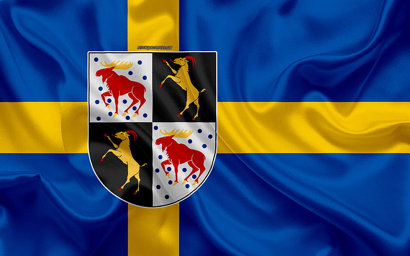 Coat of arms of Gavleborg lan silk flag, Swedish flag, Gavleborg County, Sweden, flags of the Swedish lan, silk texture, Gavleborg lan, coat of arms, HD wallpaper