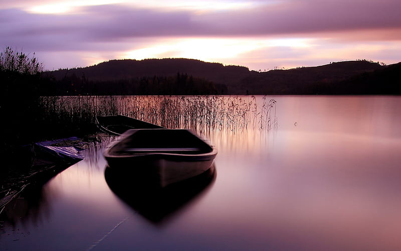 boat smooth grass mountains lilac-Nature, HD wallpaper