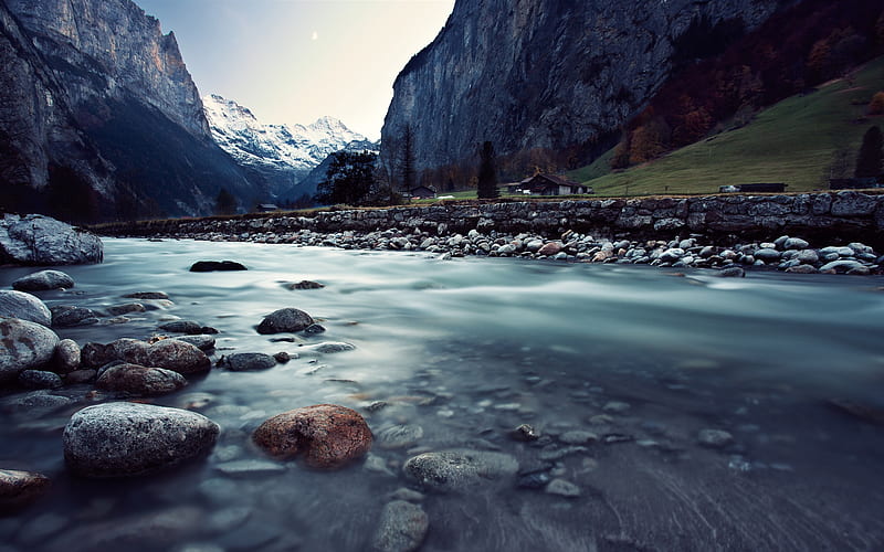Swiss Alps, valley, mountains, river, Alps, Switzerland, Europe, HD wallpaper
