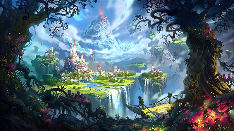 Fantasy, world, tree, luminos, castle, volcano, HD wallpaper