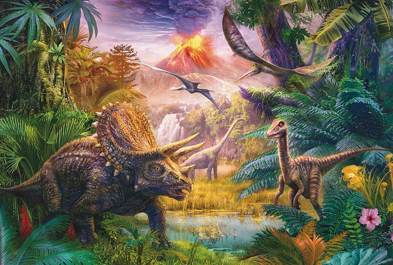 Valley of the Dinosaurs, prehistoric, puzzle, dinosaurs, valley, animals, HD wallpaper
