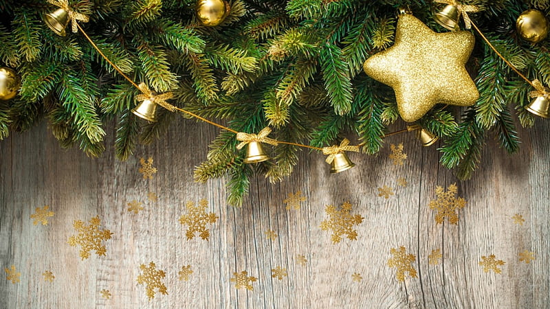Touches of Gold and Green, rustic, stars, Christmas, New Year, bell, gold, green, snowflakes, fir, wooden, HD wallpaper