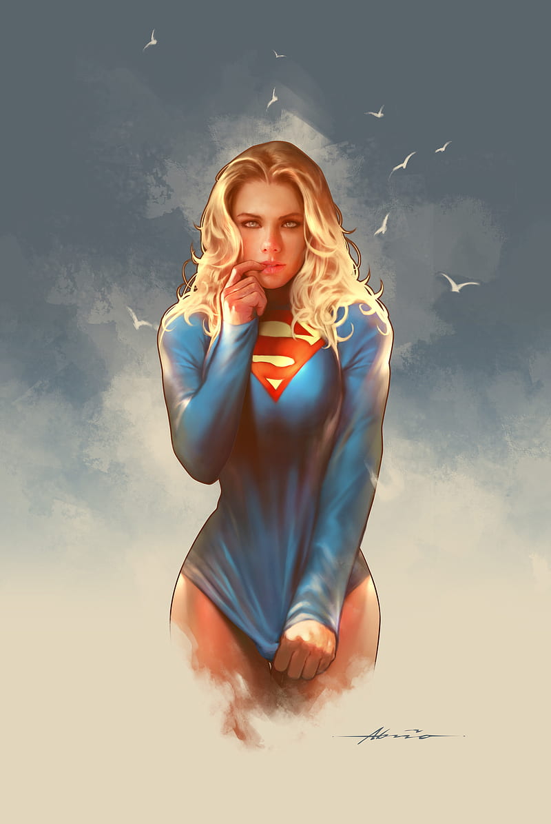 Supergirl, comic art, women, digital art, fan art, DC Comics, blonde, long hair, finger in mouth, stretching, blue eyes, HD phone wallpaper