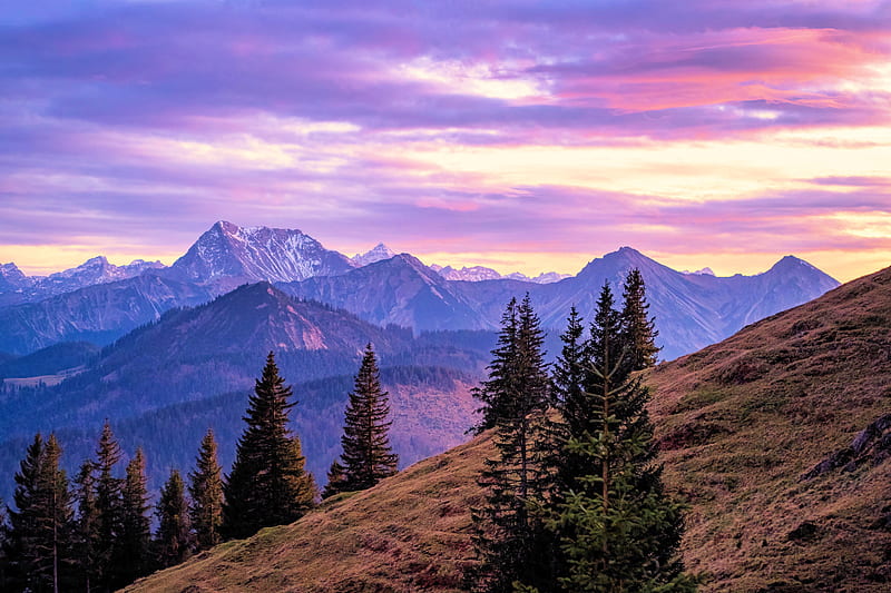 Alpine landscape at dusk, Germany, clouds, sky, alps, colors, sunset, trees, HD wallpaper