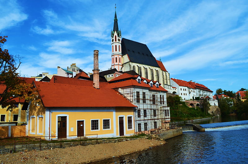 Cesky Krumlov, Czech Republic, moldava, river, church, houses, HD wallpaper