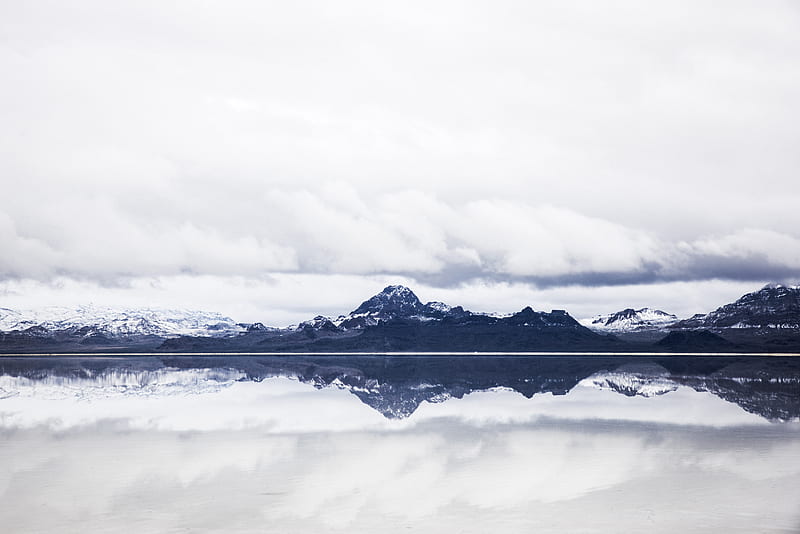 snow capped mountain under white clouds in mirror reflection graphy, HD wallpaper