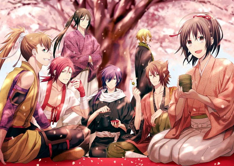 Shinsengumi Party, pretty, guy, sakura blossom, hakuouki, tea, cherry blossom, sweet, nice, group, anime, yukata, party, anime girl, sakura, female, male, lovely, shinsengumi, smile, kimono, smiling, boy, girl, hakuouki shinsengumi kitan, HD wallpaper