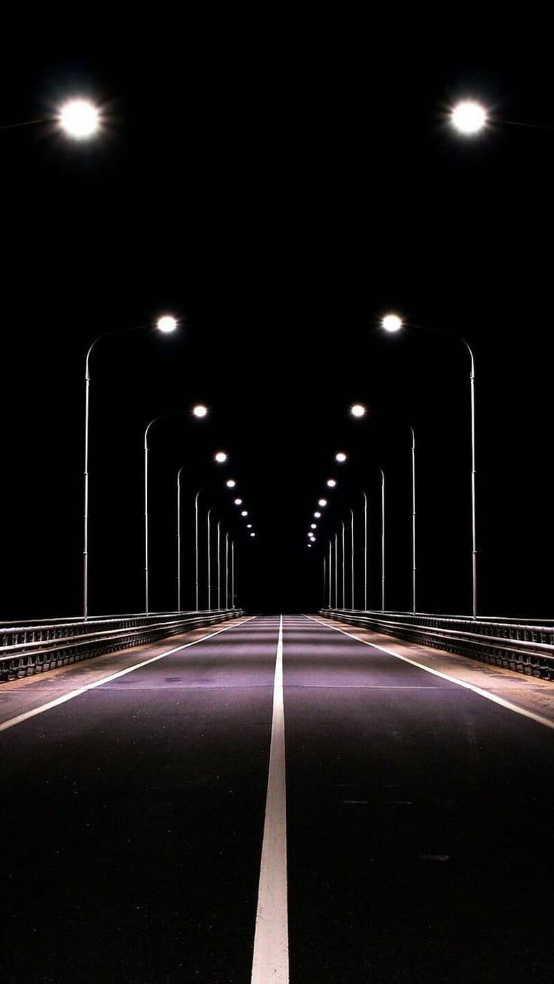 road, blue, bridge, city, dark, light, lights, night, runway, HD phone wallpaper
