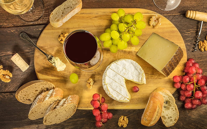 wine and bread, nuts, bread, grapes, cheese, wine, HD wallpaper