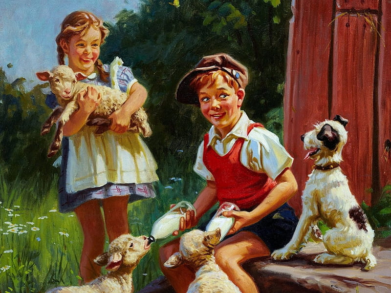Pictorial art, boy, girl, painting, lamb, milk, dog, HD wallpaper