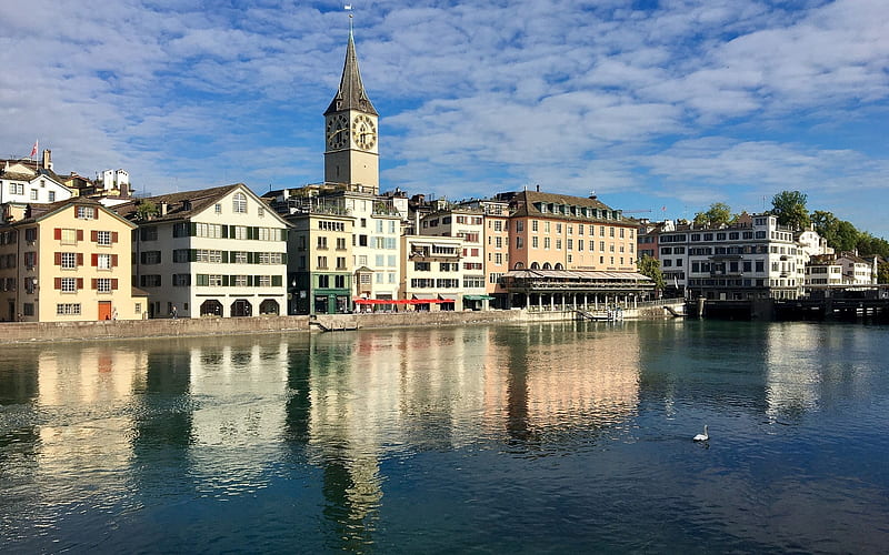 Zurich, Switzerland, water, houses, streetscape, Switzerland, Zurich, HD wallpaper