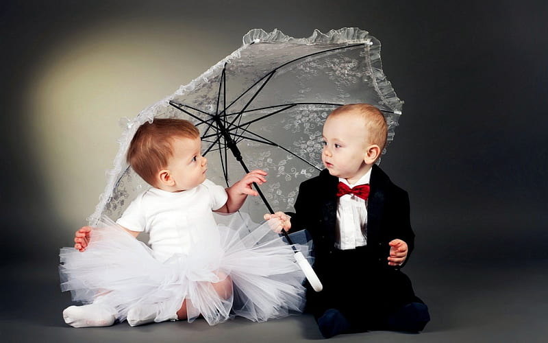 Let's get married!, dress, children, umbrella, bride, black, cute, boy, girl, child, white, couple, HD wallpaper