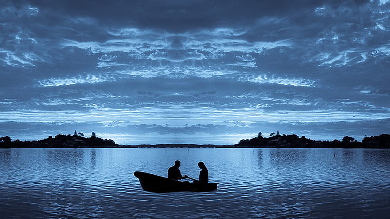 Love on a Boat, row boat, romance, sky, lake, sea, lovers, water, love, Firefox Persona theme, blue, couple, HD wallpaper