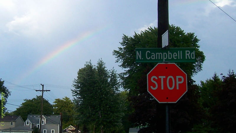 STOP! & Look At the Rainbow!, cloudy, cie1, co1orful, Stop Sign, rainbow, sky, rainy, rainbows, natura1, rain, Traffic Signals nSigns, co1ors, HD wallpaper