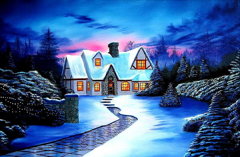 ★Glow Cottage in Xmas★, architecture, glow, digital art, seasons, xmas and new year, greetings, paintings, drawings, blue, cozy, lighting, christmas, houses, colors, love four seasons, christmas trees, trees, winter, cool, snow, sidewalk, winter holidays, garden, HD wallpaper