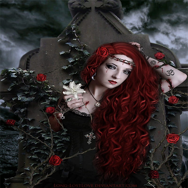 THE FLOWERS OF EVIL, FEMALE, ROSES, GOTHIC, FLOWERS, HAIR, RED, HD ...