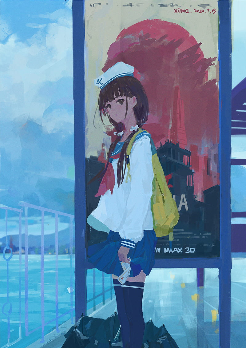 XilmO, anime, anime girls, artwork, sailor uniform, sea, HD phone wallpaper