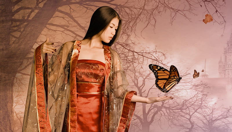 Autumn Queen, autumn, queen, asian, butterflies, trees, woman, HD wallpaper