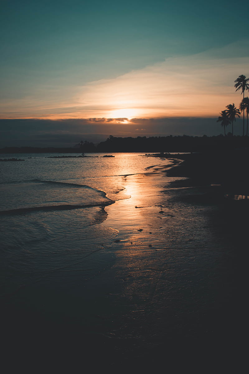 beach, sunset, dusk, dark, coast, HD phone wallpaper
