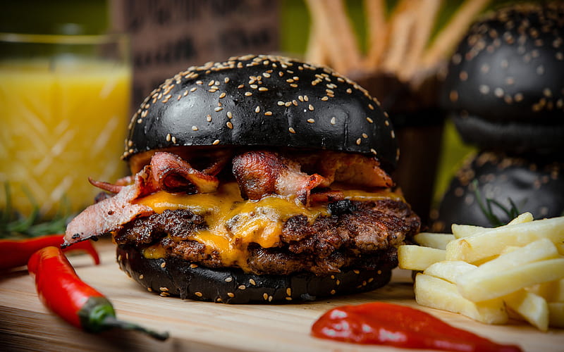 black burger fastfood, macro, sandwich with meat, burger, HD wallpaper