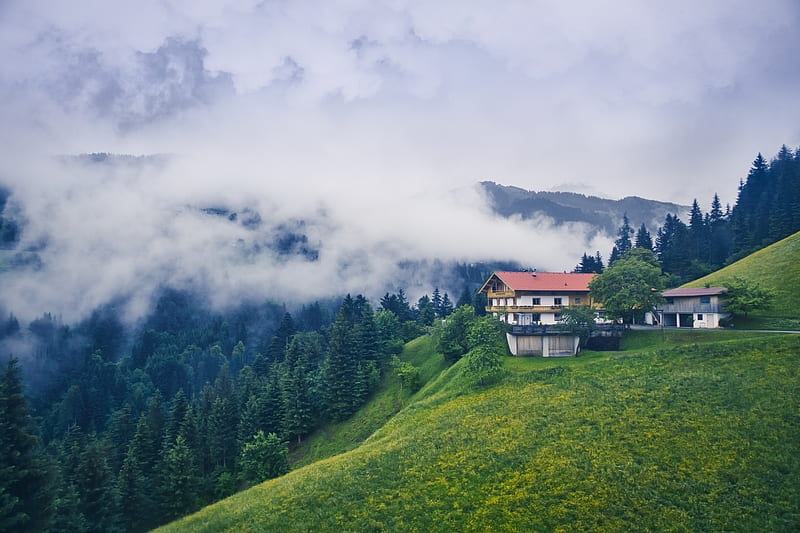 mountains, house, clouds, nature, landscape, HD wallpaper