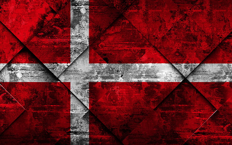 Flag of Denmark grunge art, rhombus grunge texture, Danish flag, Europe, national symbols, Denmark, creative art, HD wallpaper