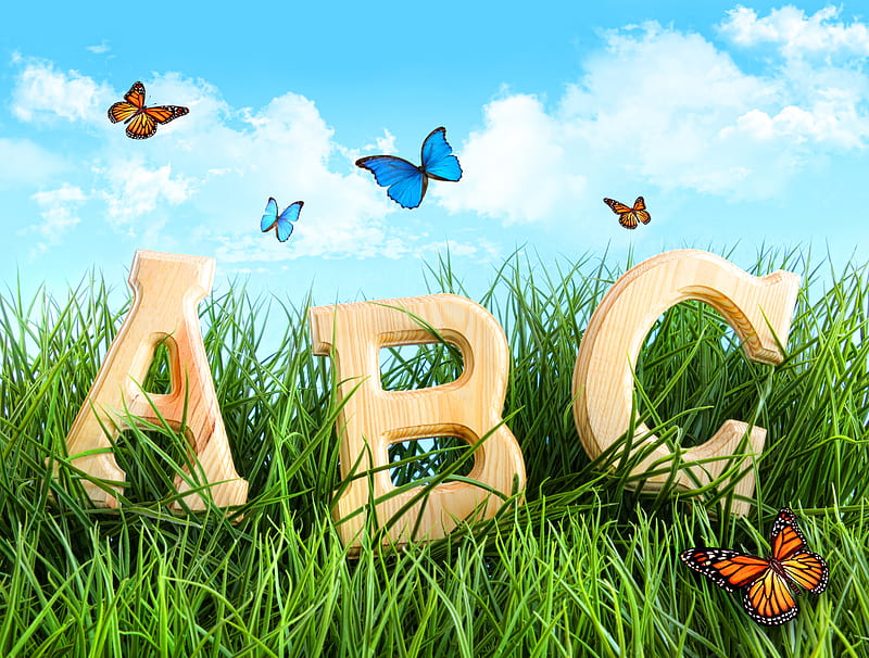 A B C..., grass, bonito, butterflies, sky, clouds, nice, cool, letters, nature, HD wallpaper