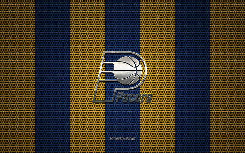 Indiana Pacers logo, American basketball club, metal emblem, yellow-blue metal mesh background, Indiana Pacers, NBA, Indianapolis, Indiana, USA, basketball, HD wallpaper