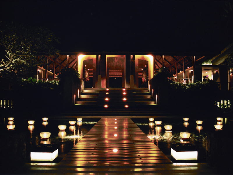Lobby at Night, resort, exotic, holiday, lobby, bali, indonesia, summer, ubud, tropical, night, HD wallpaper