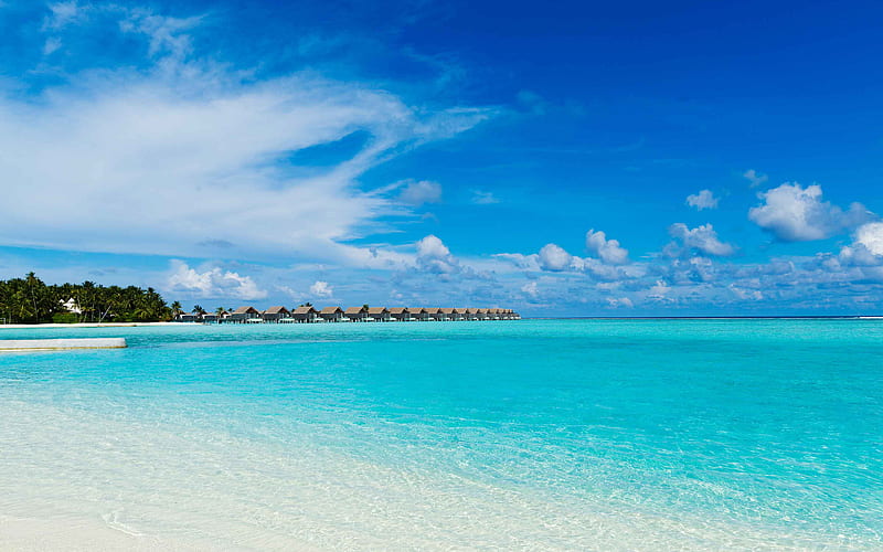 tropical island, ocean, blue lagoon, hotels, bungalows summer travels, Huluwalu, Maldives, HD wallpaper