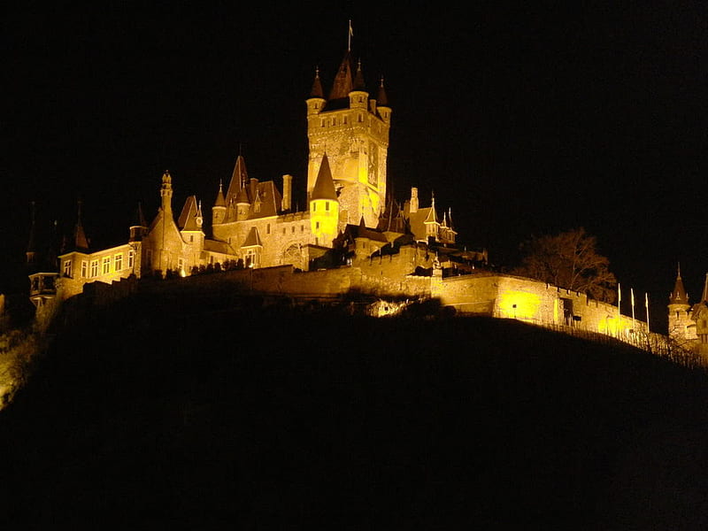 Castle at Night, walls, black, castle, lights, square tower, HD wallpaper