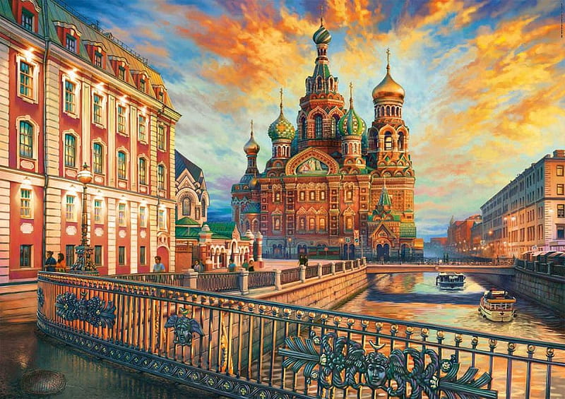 St. Petersburg, bridges, houses, buildings, sunset, clouds, sky, church, canal, artwork, painting, HD wallpaper