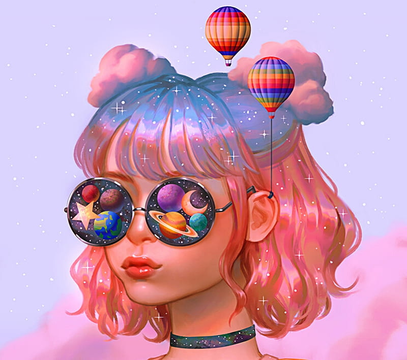 Wanderlust, karmen loh, sunglasses, fantasy, hot air balloon, girl, pink, blue, HD wallpaper