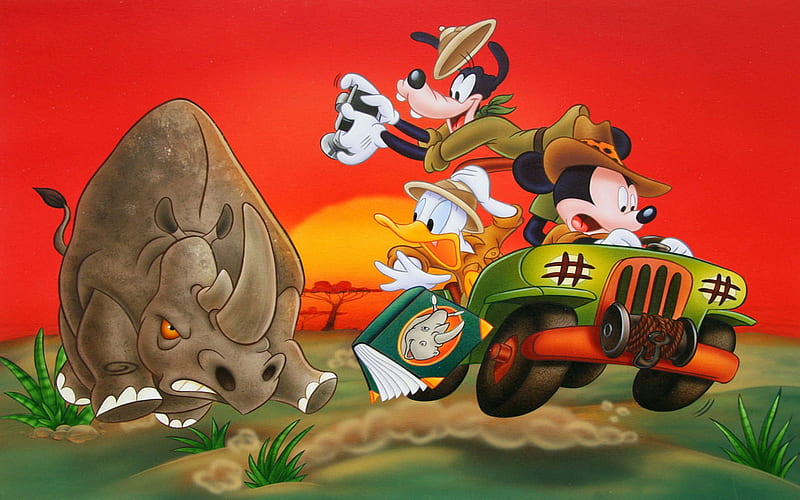 Safari, rhino, mickey mouse, goofy, red, car, disney, sunset, HD wallpaper