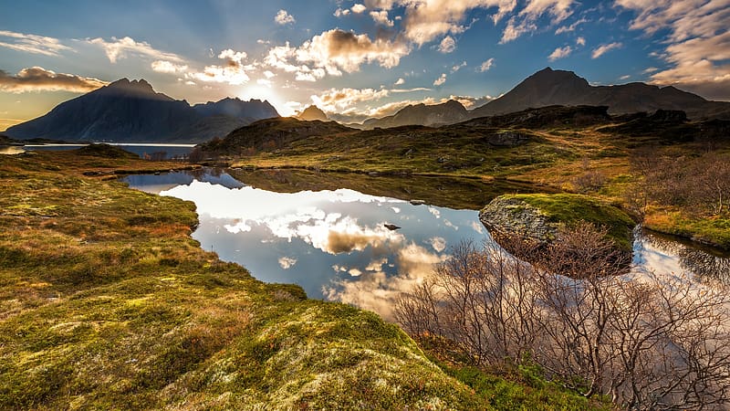 The Lofoten Islands, Norway, reflections, clouds, landscape, trees, sky, water, rocks, HD wallpaper