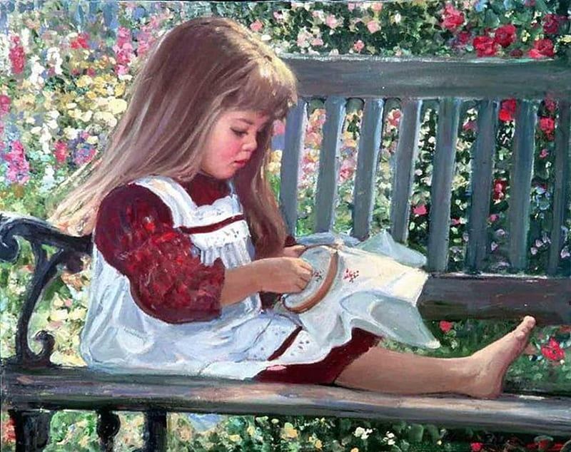 she is embroidering, cute, art, paintings, cool, people, childs, HD wallpaper