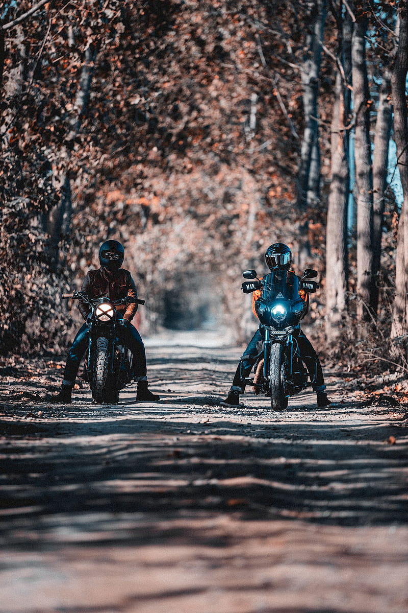 motorcyclists, bikers, bike, motorcycle, forest, road, HD phone wallpaper