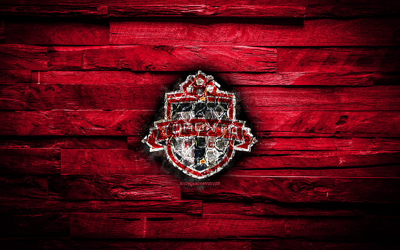 Toronto FC scorched logo, MLS, purple wooden background, american football club, Eastern Conference, grunge, soccer, Toronto FC logo, fire texture, USA, HD wallpaper