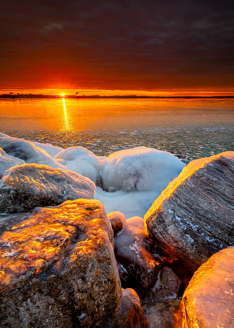 sea, sunset, shore, stones, ice, HD phone wallpaper