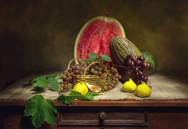 Food, Still Life, Fig, Fruit, Grapes, Melon, Watermelon, HD wallpaper