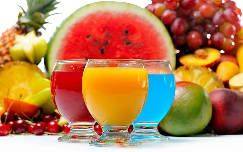 Fruit juice, drink, summer, colorful, red, juice, romania, yellow, glass, fruit, vara, national day, blue, HD wallpaper