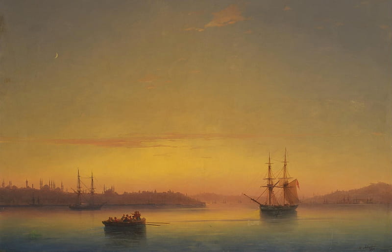 Constantinople at dawn, orange, ship, painting, sunset, ivan aivazovsky, sea, art, dawn, water, pictura, HD wallpaper