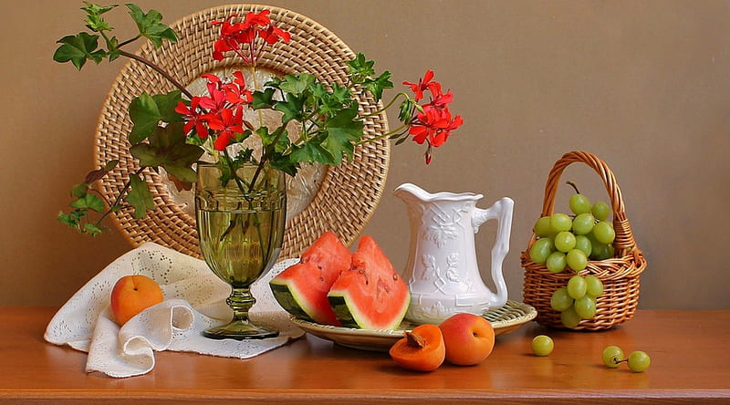 Late august, water melon, lovely, fruits, vase, bonito, grape, still life, august, leaves, nice, basket, late, flowers, HD wallpaper