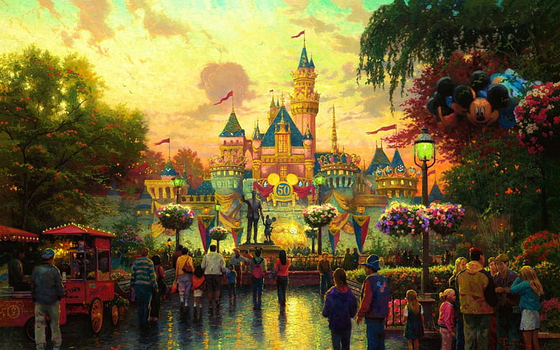 50th Anniversary of Disneyland, amusement park, usa, California, painting, castle, HD wallpaper