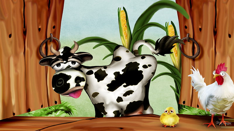Green Acres Farm, corn, rooster, cow, chicken, firefox persona, chick, farm, hen, barn door, HD wallpaper
