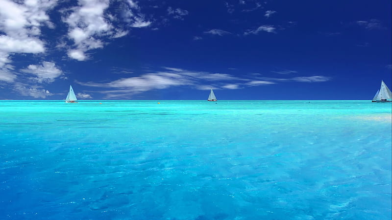 Crystal Blue Waters, vacation, sail boats, cool blue, skies, boats, water, nature, tropical, blue, HD wallpaper