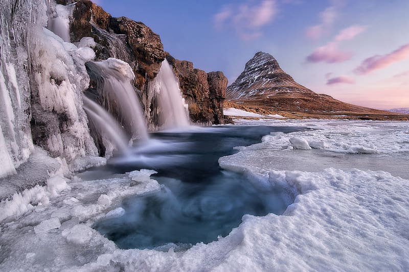 Winter, Nature, Ice, Waterfall, , Iceland, Kirkjufoss, Kirkjufell, HD wallpaper