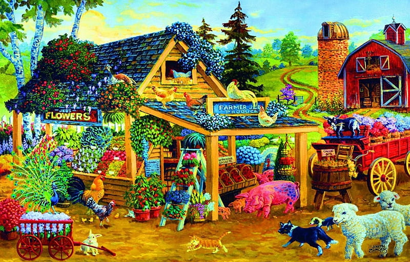Farmer's Market, house, fruits, painting, store, vegetables, artwork, animals, HD wallpaper