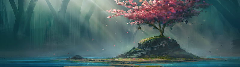 fantasy landscape, cherry tree, sunlight, scenic, forest, Fantasy, HD wallpaper